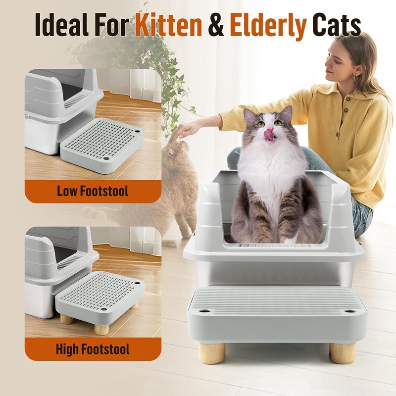 Bartuke Cat Litter Box Step Ramp, Cat Litter Catcher Mat with Wooden Feet, Filter Function, Pedal Stool for Self-Cleaning Litter Box, Ideal for Kitten & Elderly Cats(Light Grey) - Image 5